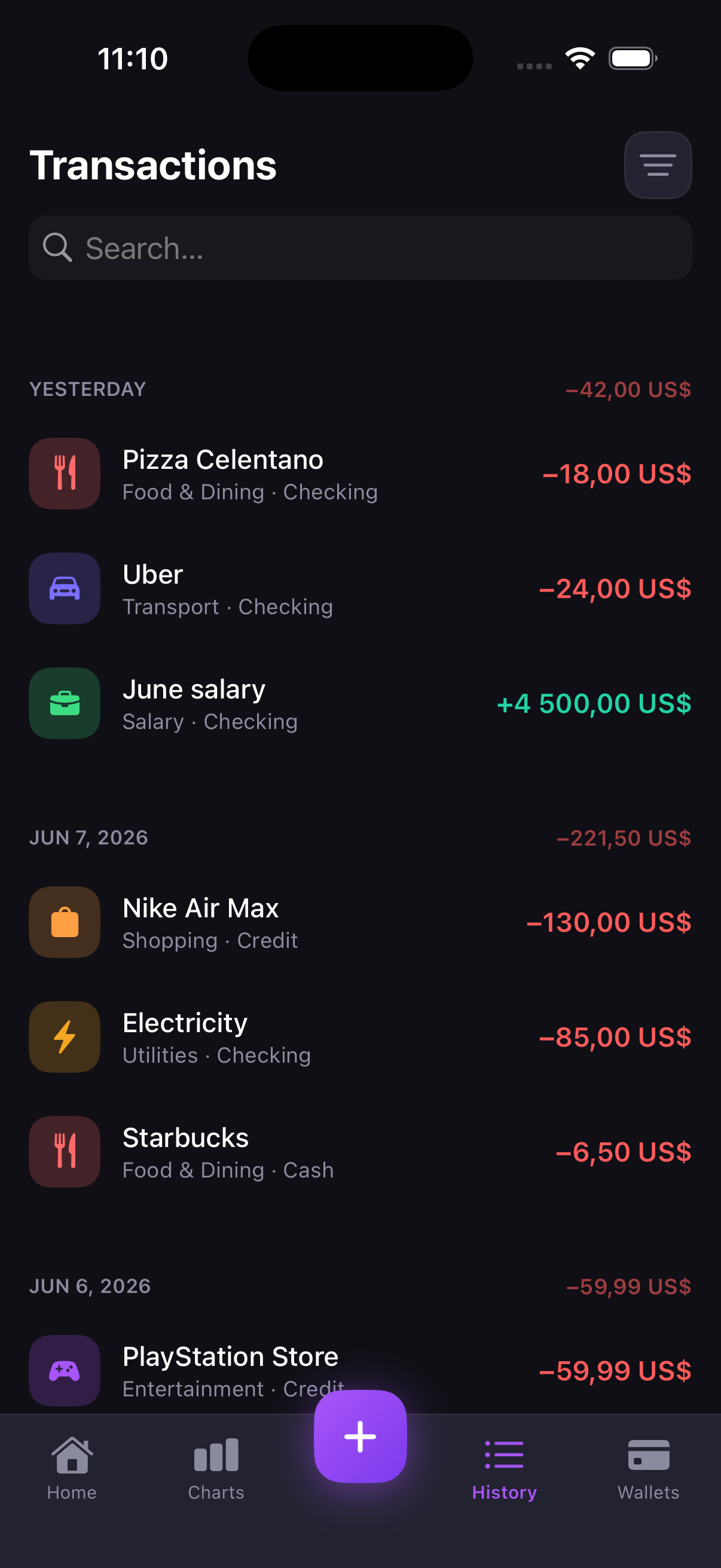 Coyn transactions — searchable history of all expenses and income