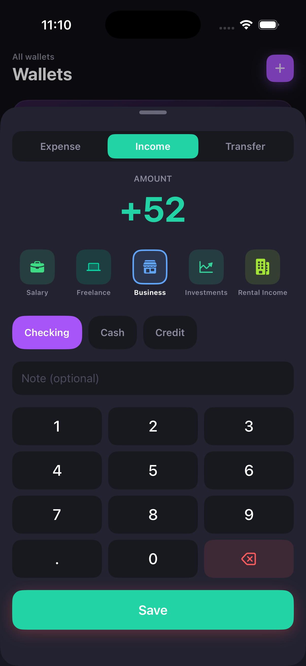 Coyn add income — quick entry with categories and wallet selection